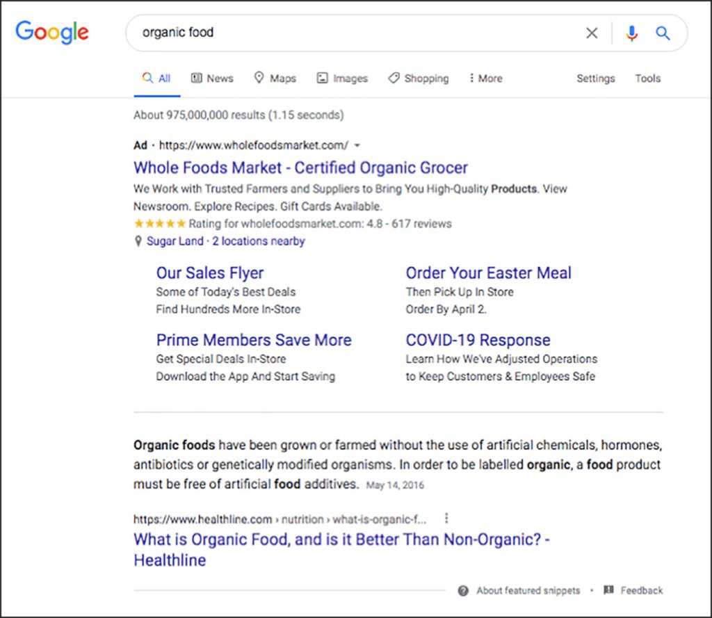 A screenshot of Google results for a search of ‘organic food’ with labels showing which result is SEO and which is SEM.