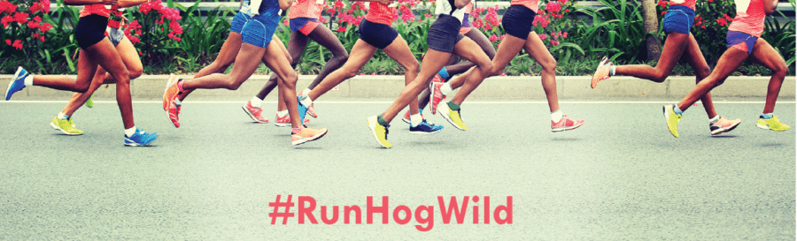Photo of peoples legs running with text that reads #RunHogWild