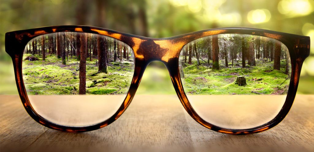 Glasses with blurred background but clear woods through the lenses.