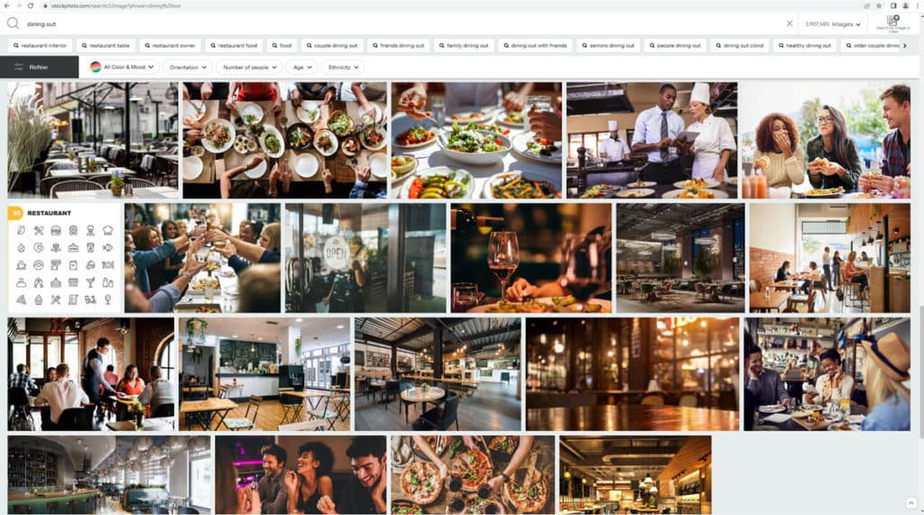 Screenshot of search results for "dining out" on iStock.