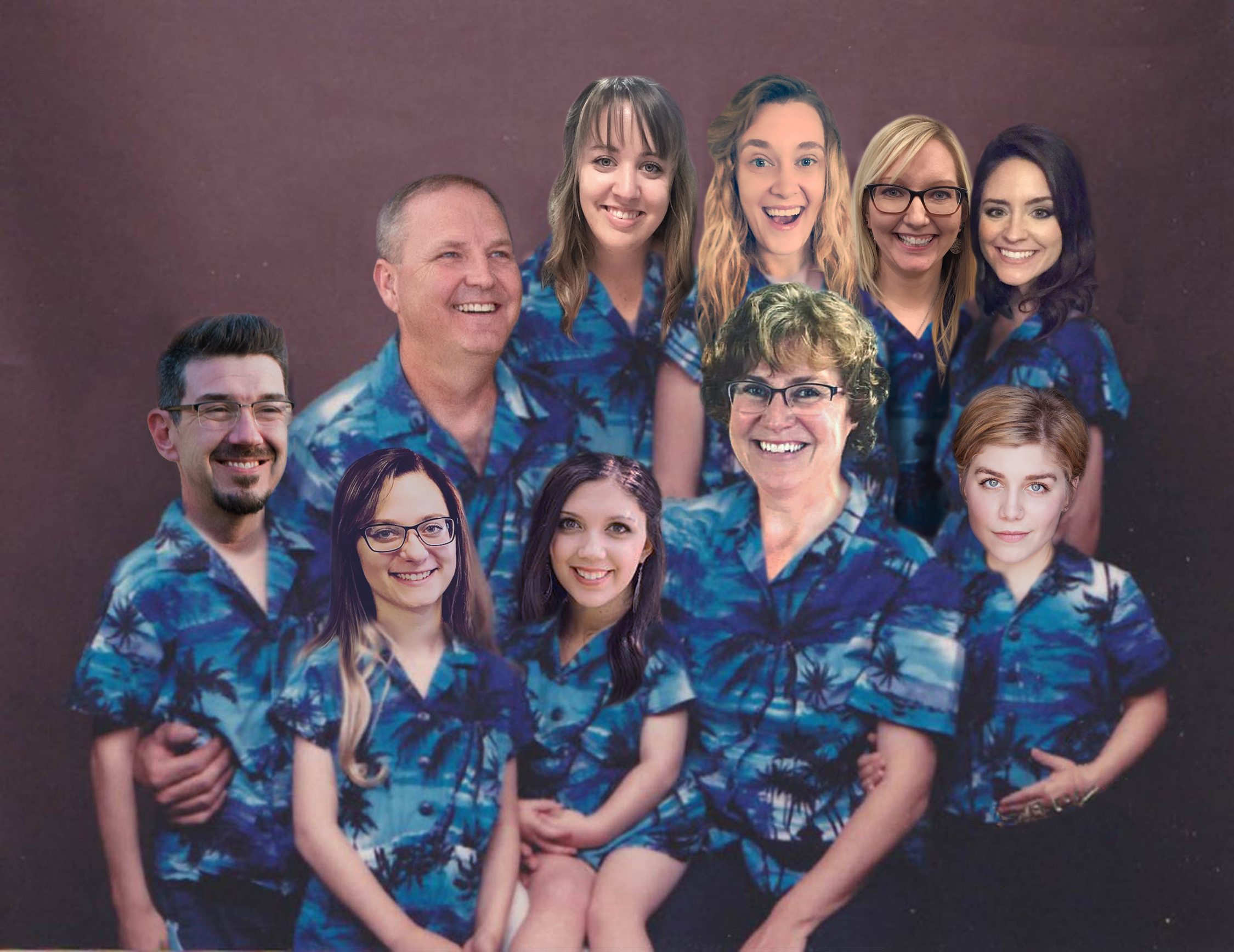 Team SMG awkward family photo with employees dressed in blue tropical shirts. AKA pure awesomeness.