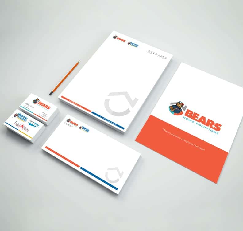 Printed business cards, stationery envelopes, notepads, and a brochure for heating and cooling company Bears Home Solutions