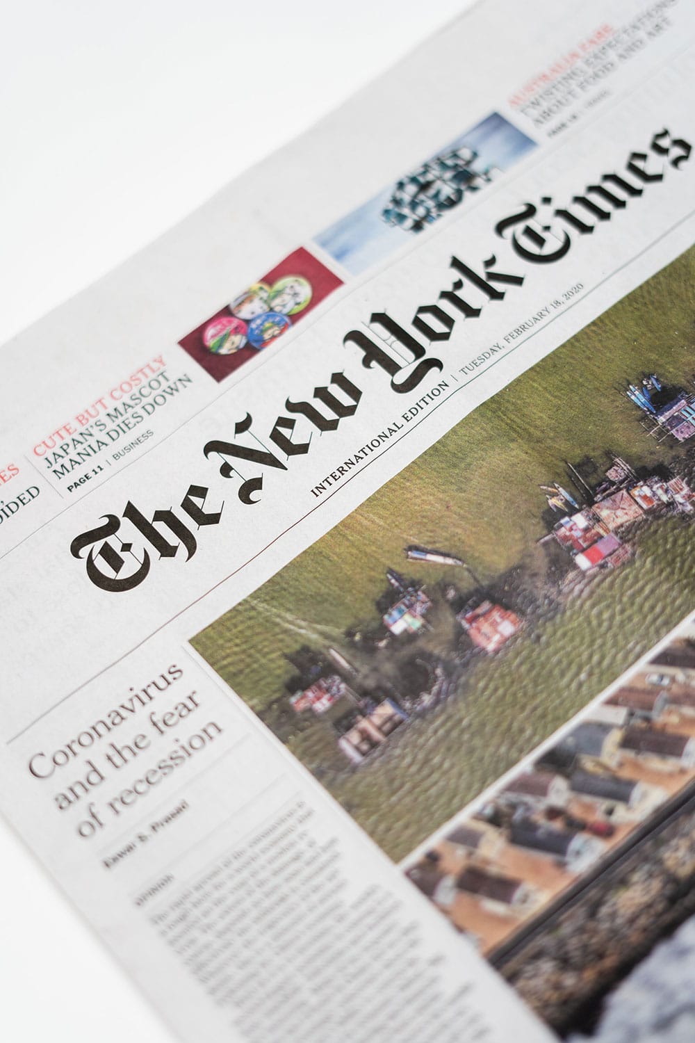 New York Times newspaper with the headline, “Coronavirus and the fear of recession’.
