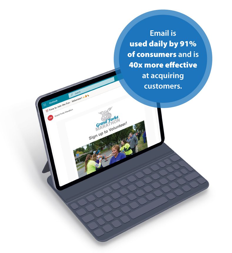 Image of a tablet with a website homepage and a text bubble that reads 'Email is used daily by 91% of consumers and id 40x more effective at acquiring customers.