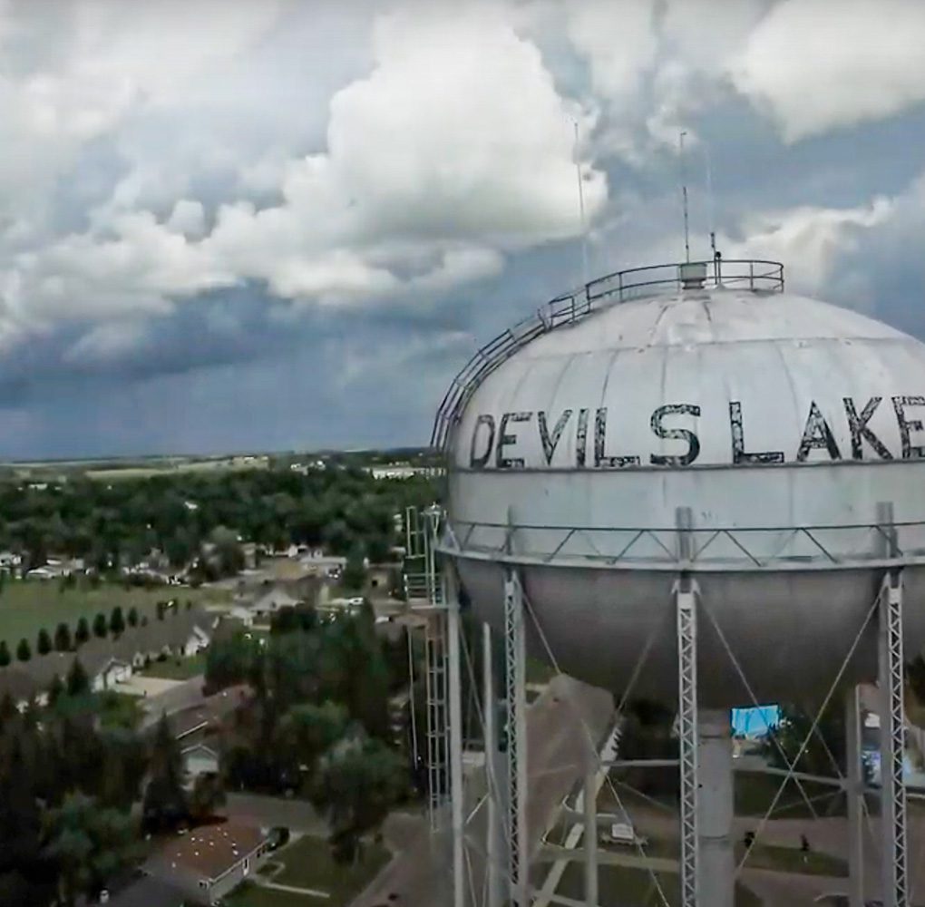 Arial shot of the Devils Lake water tower