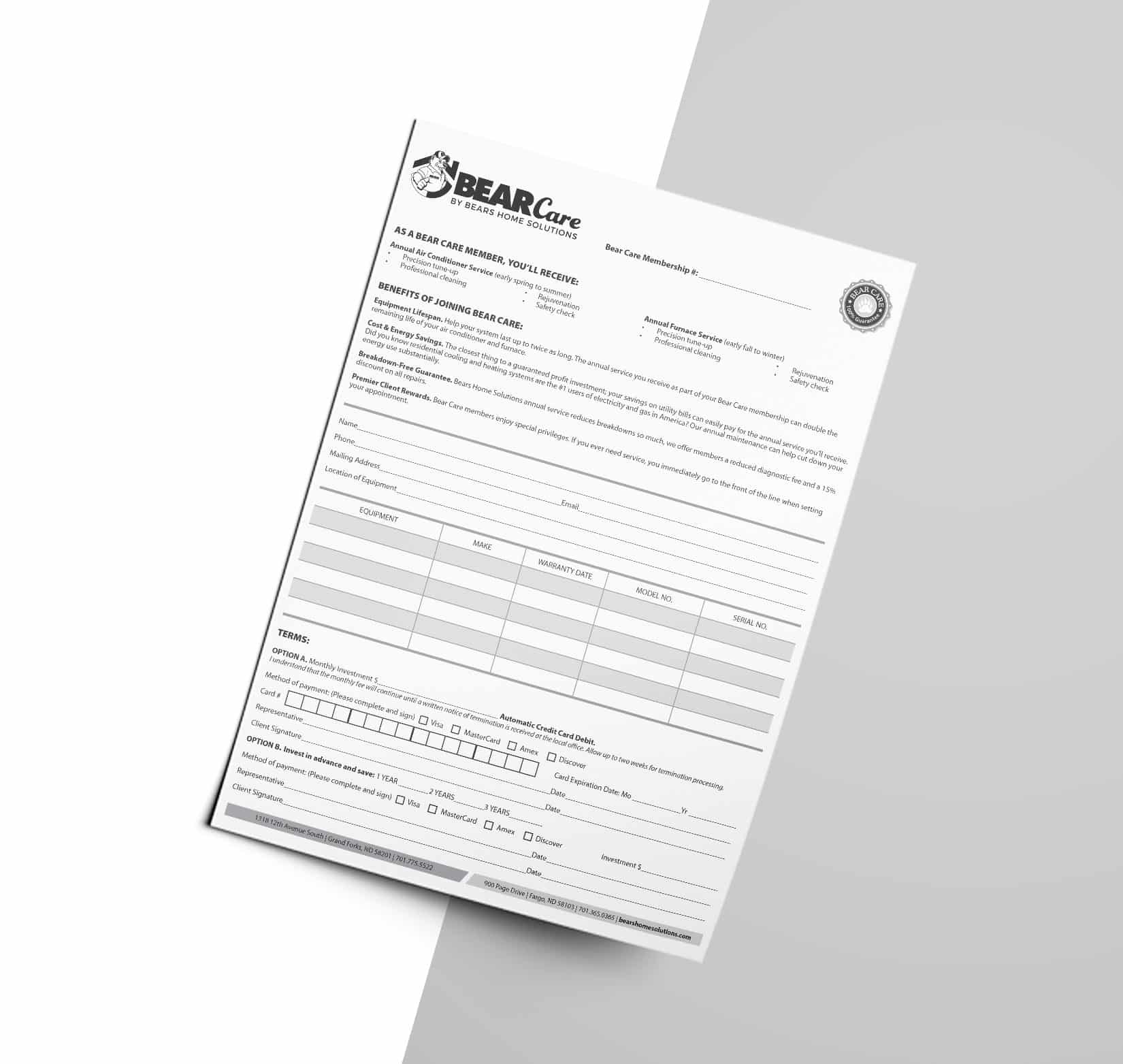 A maintenance form printed in black and white for Bears Home Solutions