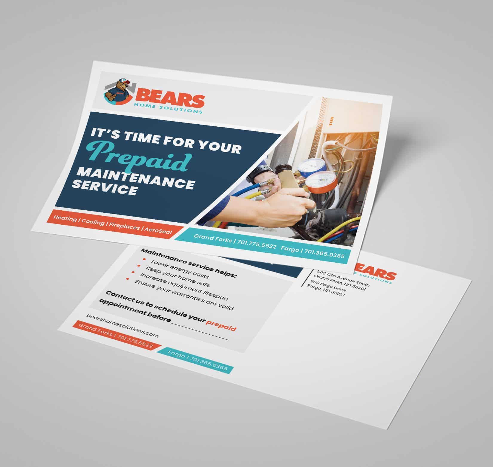 Two designed and printed postcards for Bears Home Solutions on a white background