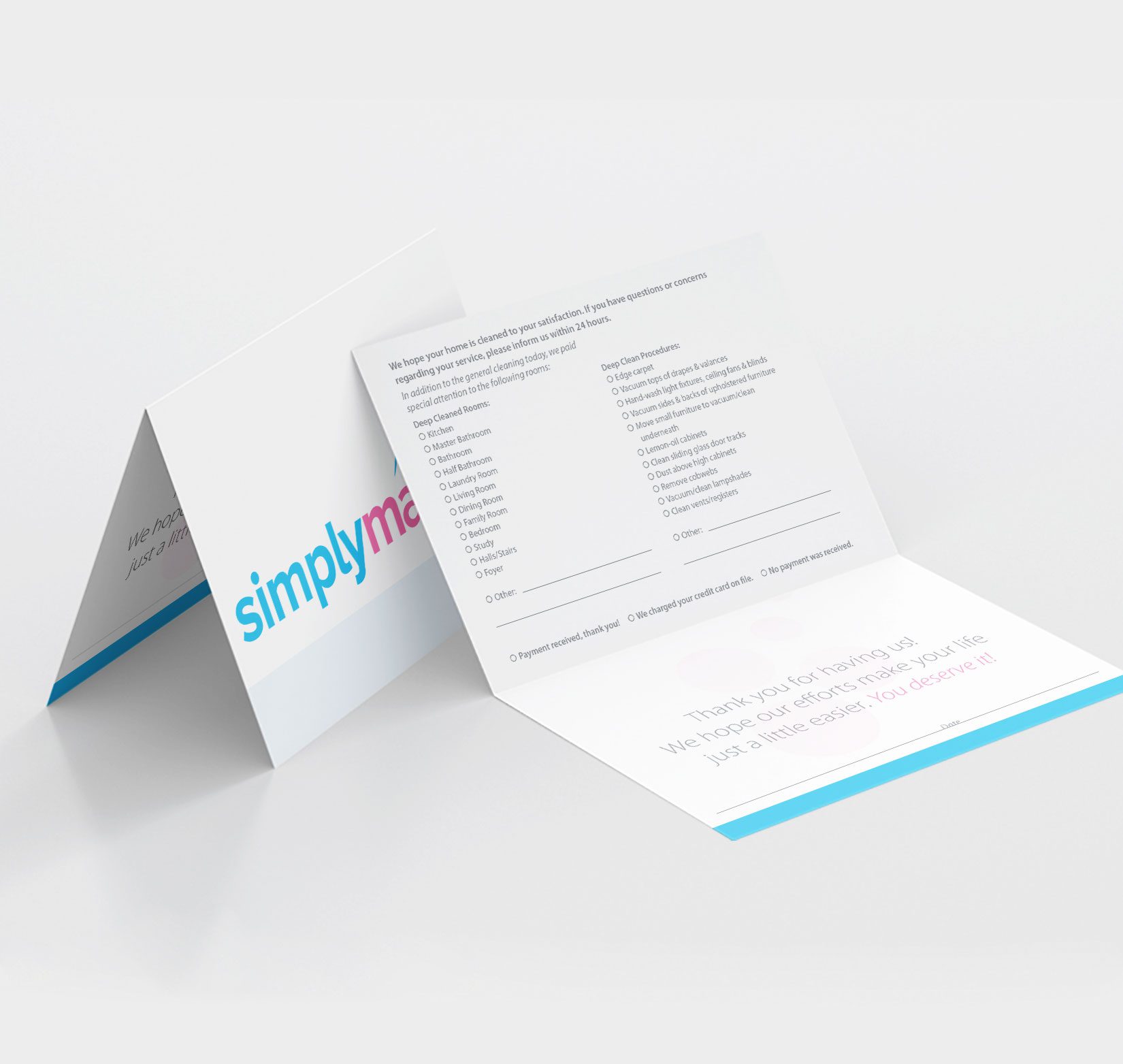 A thank you card against a white background for a company called SimplyMaid. Inside the card is a survey asking questions about the service.