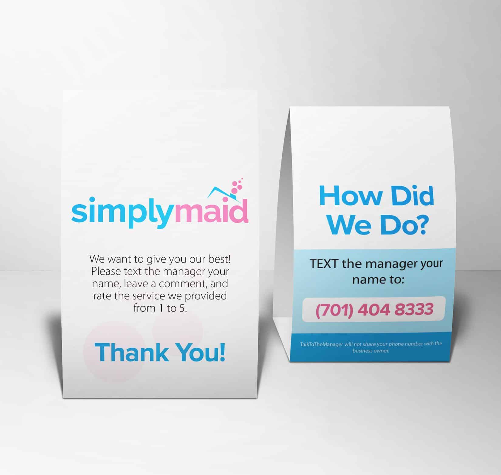 Designed and printed table tents for SimplyMaid.