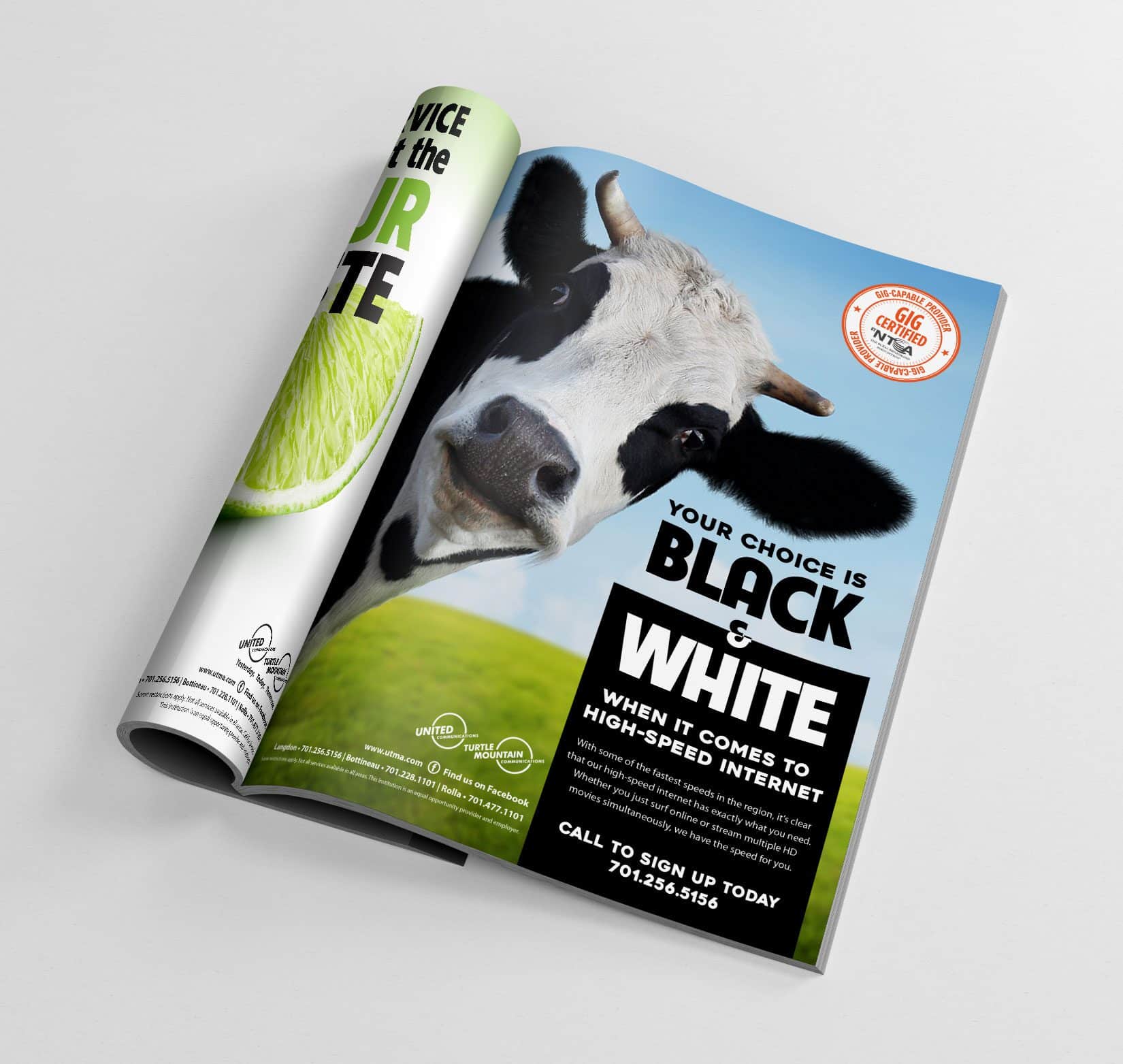 A full-page color print ad for United Communications in a magazine on a white background