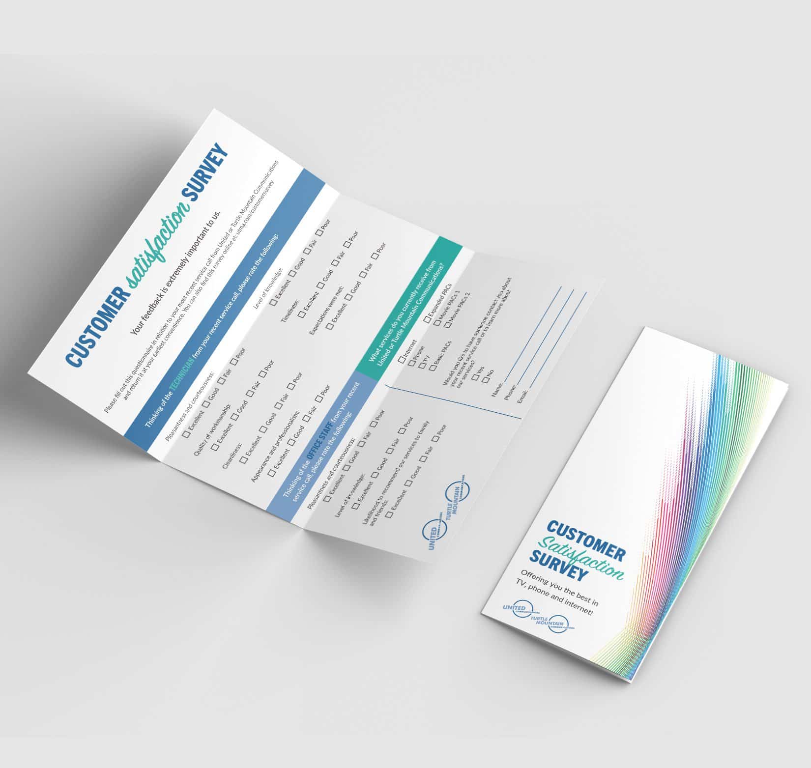 A designed and printed tri-fold customer satisfaction survey for United Communications