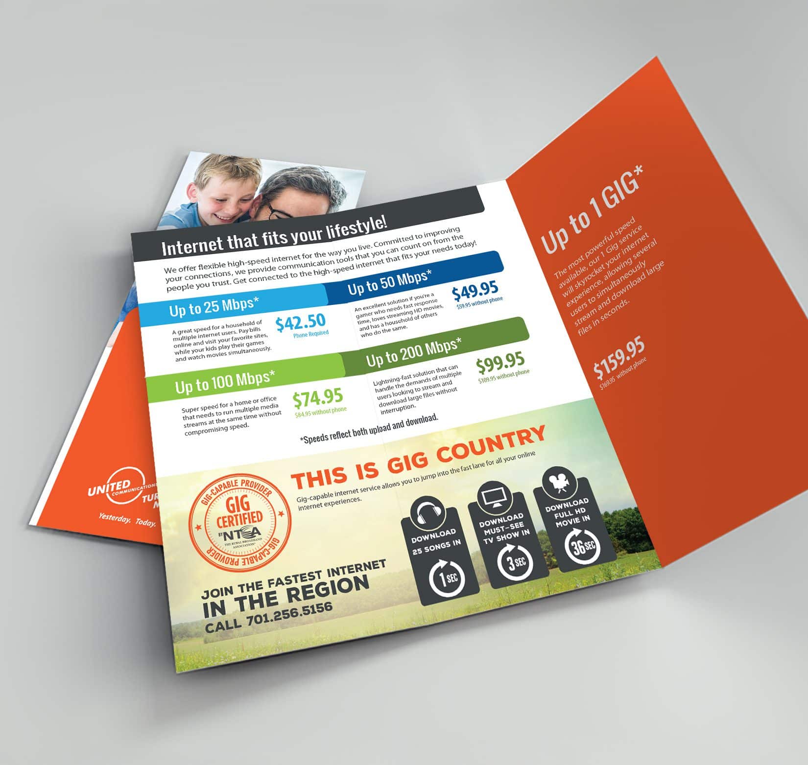 A designed and printed tri-fold brochure for United Communications.