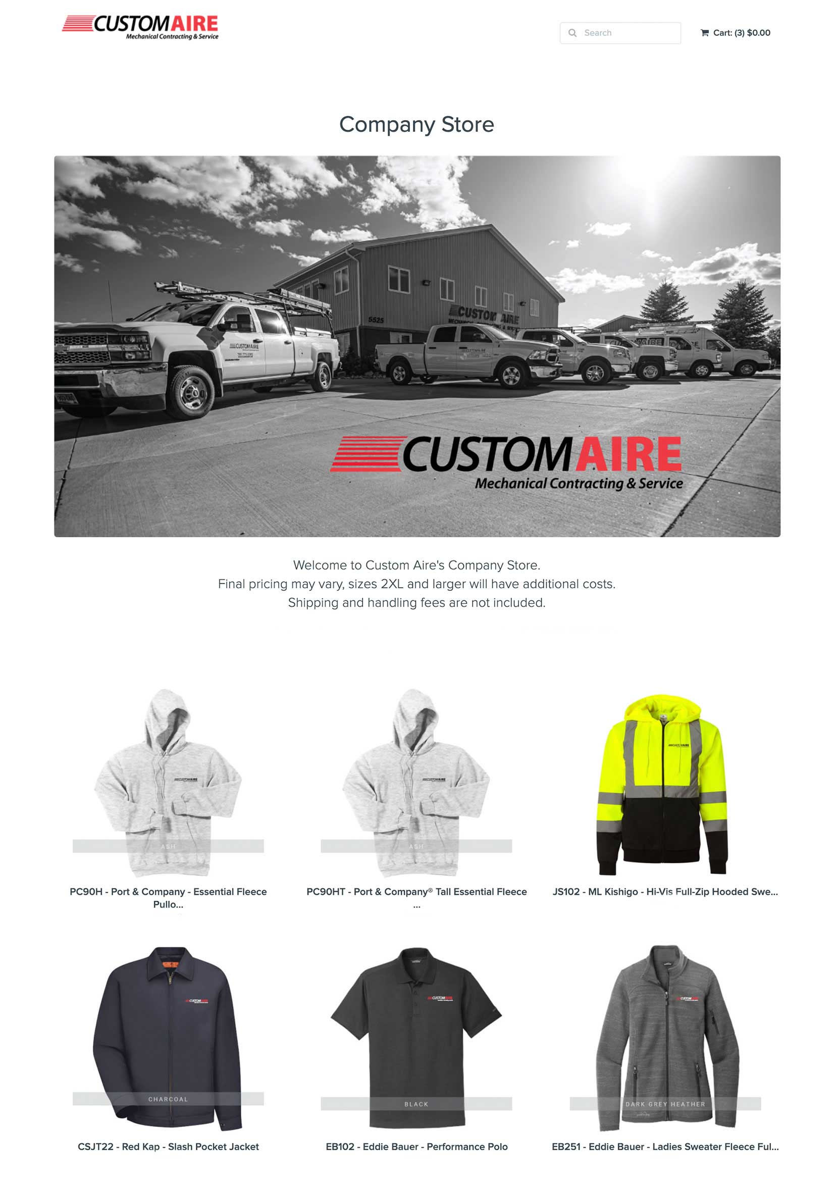 A screenshot of an online clothing store for Custom Aire