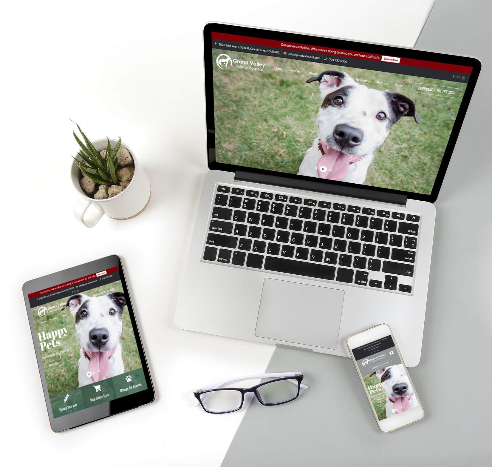 A website designed for Grand Valley Animal Hospital shown on the screens of a laptop, tablet, and mobile phone.