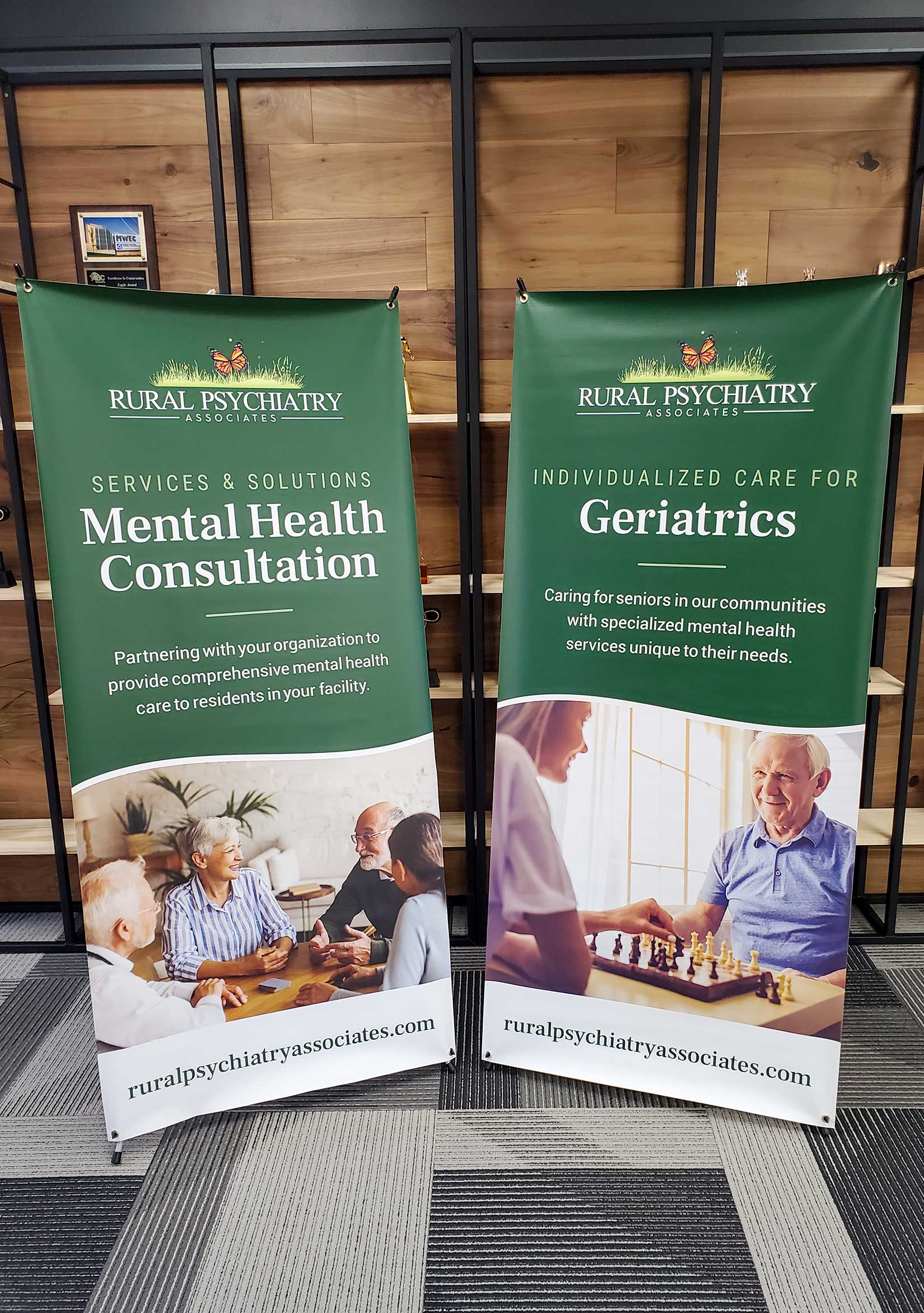 Two vertical tradeshow banners for Rural Psychiatry Associates